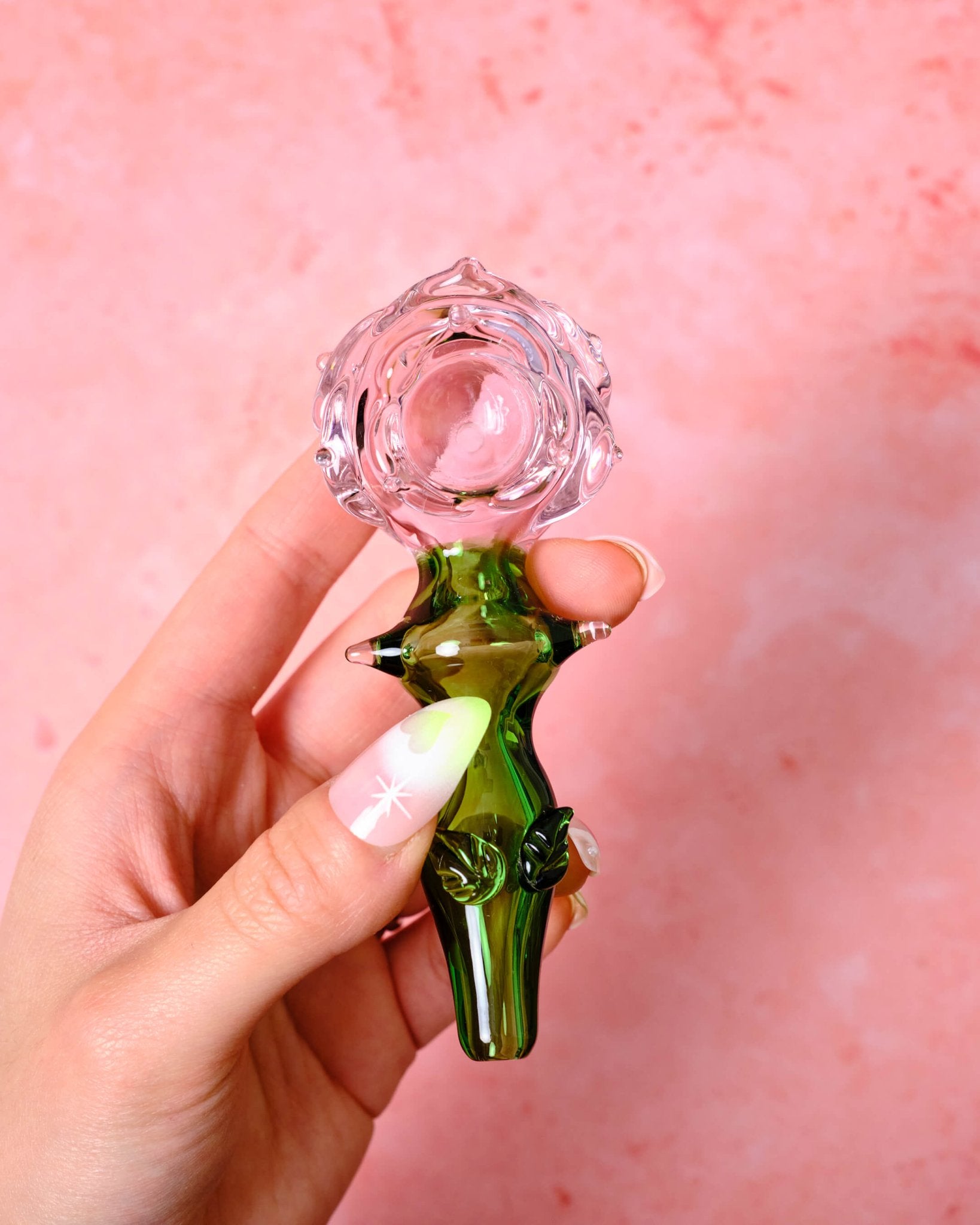 ROSE PIPE - Summer Sunset - rose shaped glass pipe, pink and green color